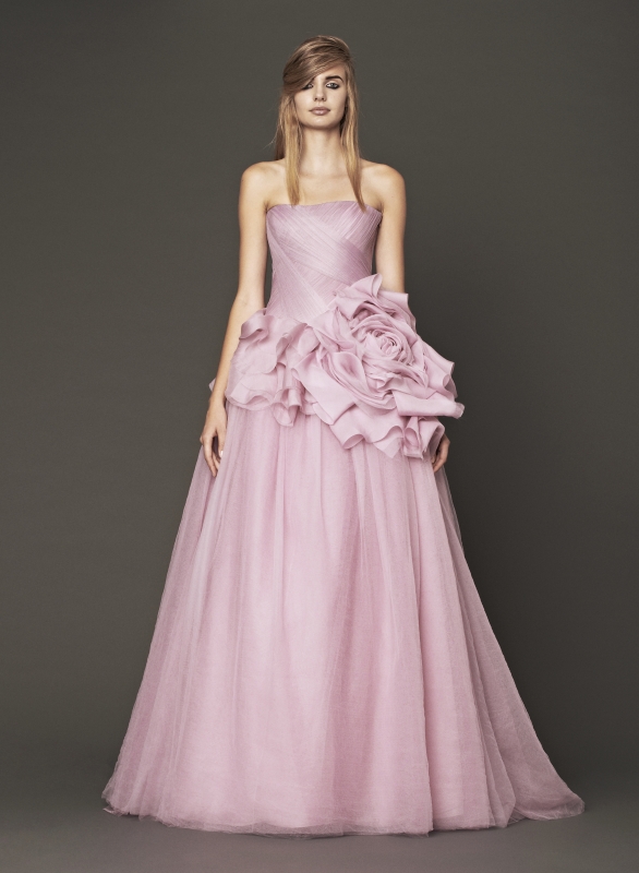 Vera Wang - Fall 2014 Bridal Collection - Wedding Dress Look 3
<br><br>
Petal strapless silk ball gown with hand draped tulle bodice and organic flower detail accented by silk organza ruffles.

<br><br>